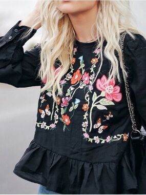 Zara Black Floral Cotton Silk Blend Embroidered Blouse